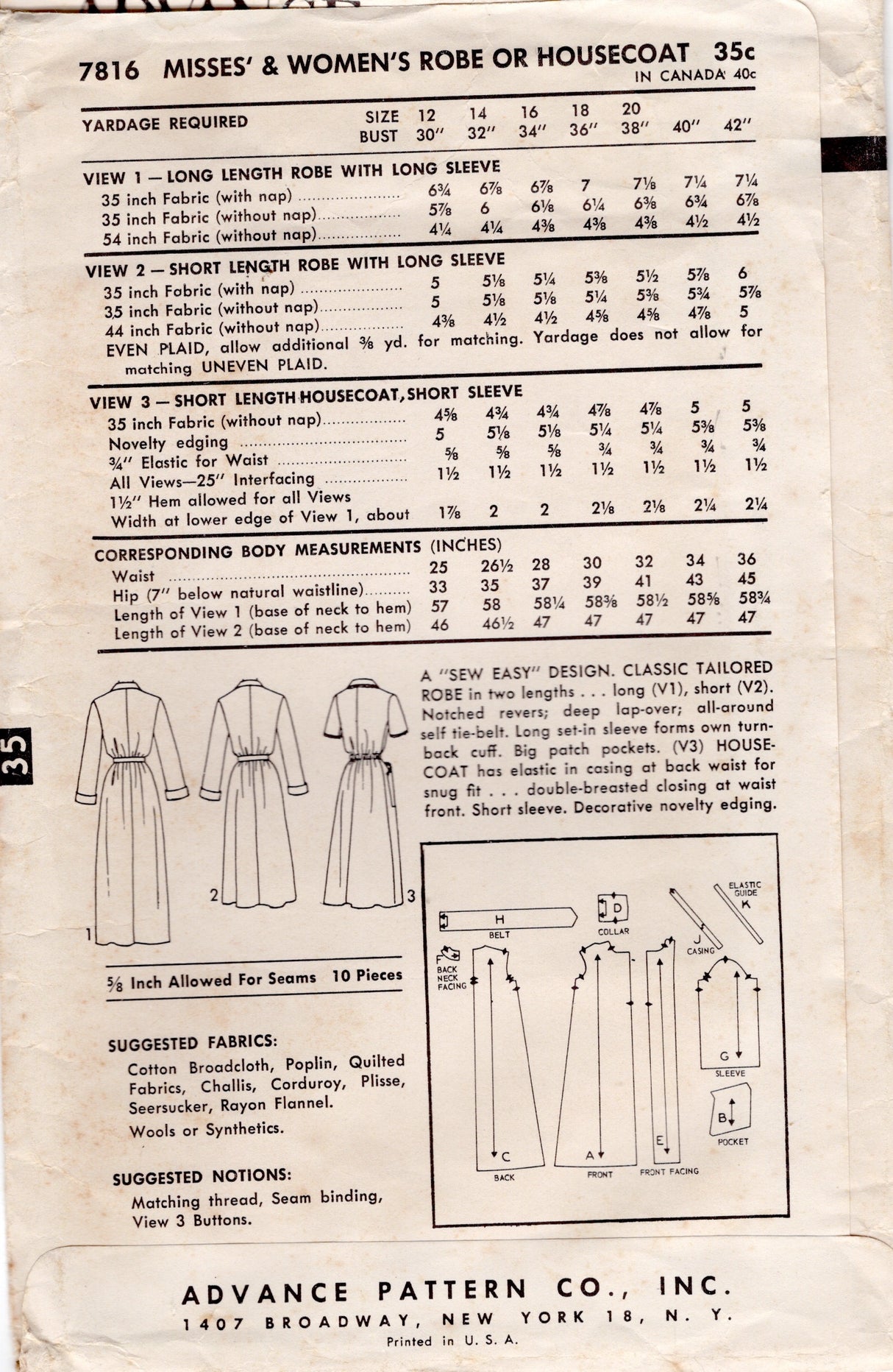 1950’s Advance Robe or Housecoat Pattern- Bust  38” - No. 7816