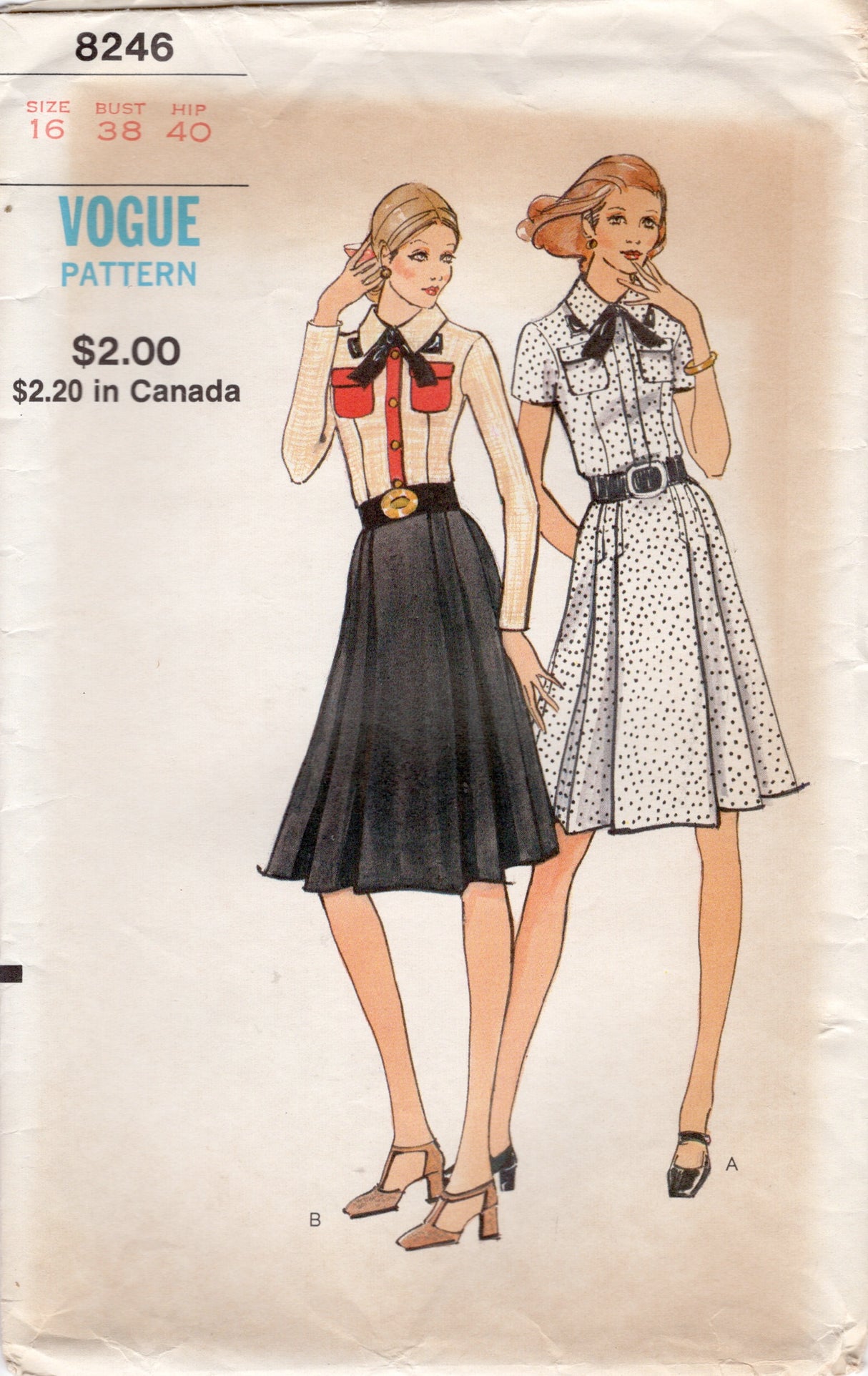 1970's Vogue Shirtwaist Dress Pattern with Pleated Skirt - Bust 38" - No. 8246