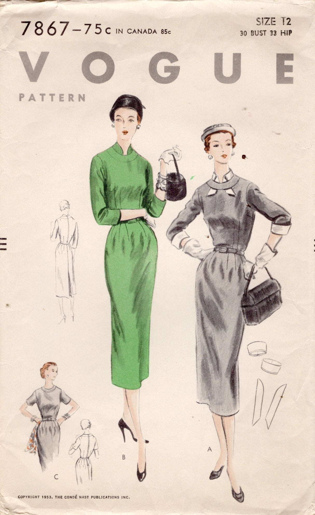 1950's Vogue Sheath Dress Pattern with Shaped Neckband - Bust 30" - No. 7867