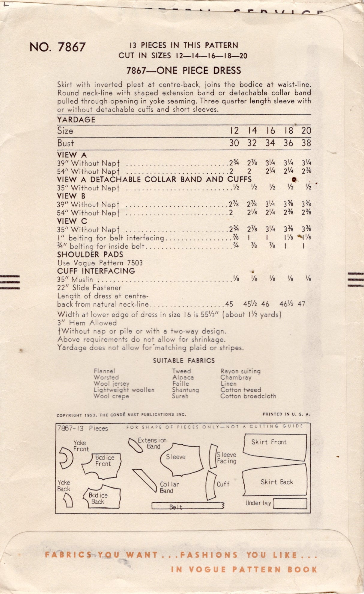 1950's Vogue Sheath Dress Pattern with Shaped Neckband - Bust 30" - No. 7867