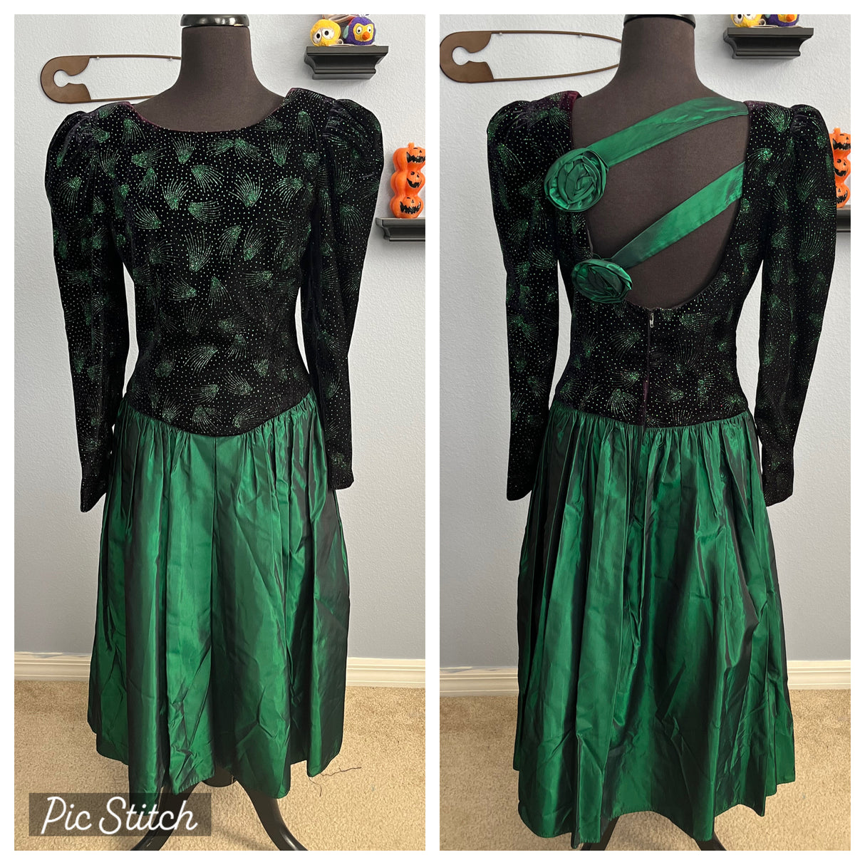 1980’s Black Velvet Taffeta Leg Of Mutton Sleeve Dress Leslie Fay Evenings XS