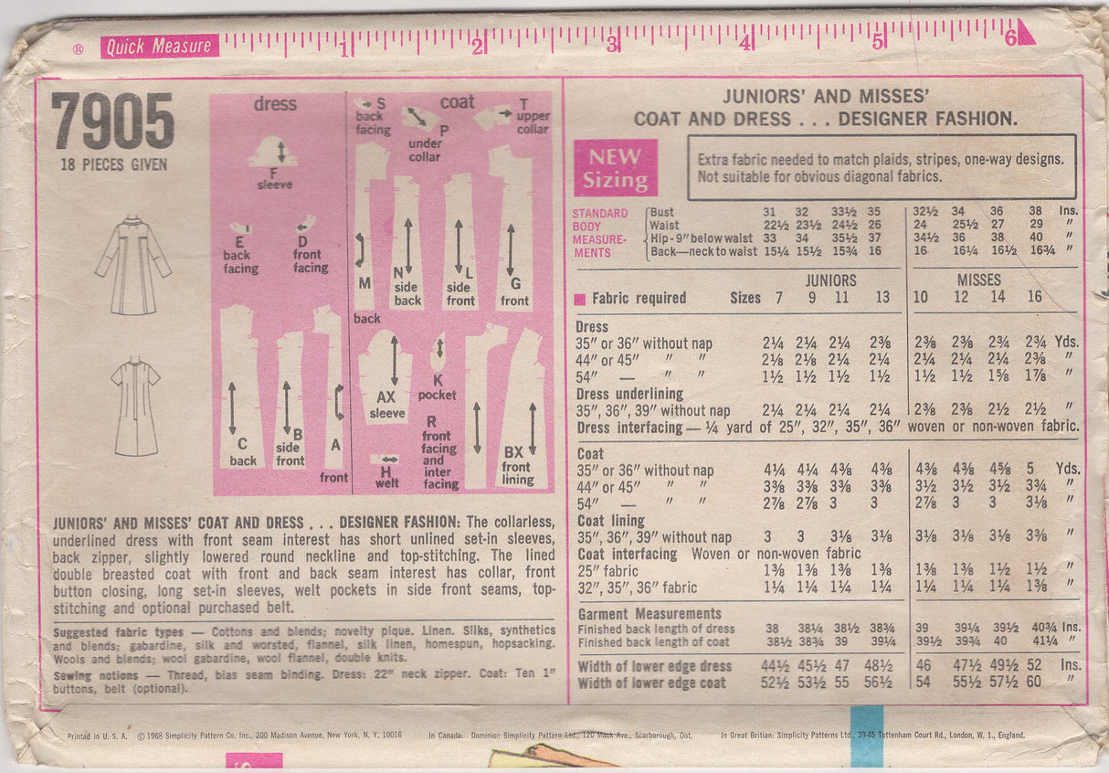 1960's Simplicity Double Breasted Coat and Shift Dress Pattern - Bust 36" - No. 7905