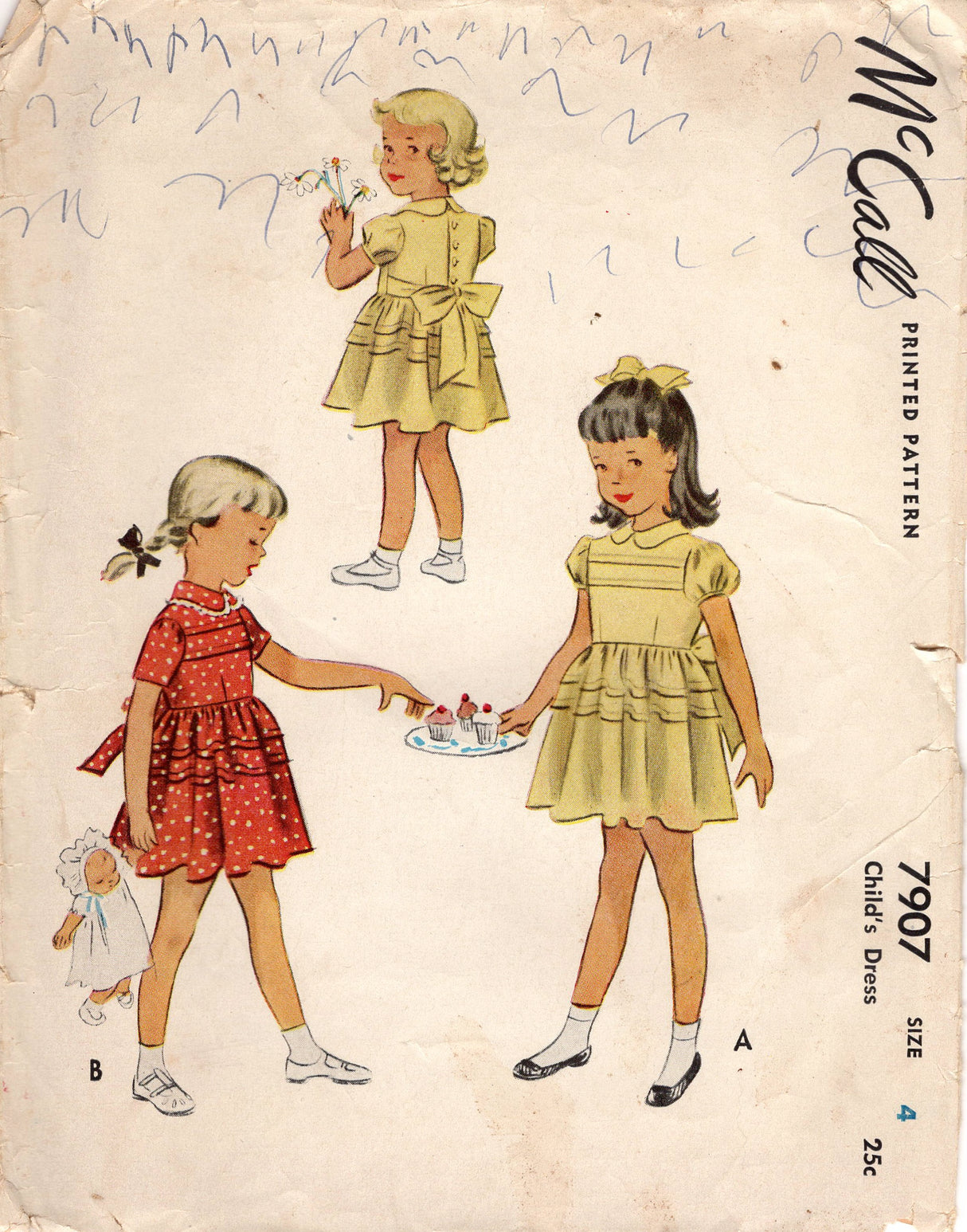 1940's McCall Child's One Piece Dress with Pin Tucks and Bow Tie Back Pattern - Sz 4 - Chest 23" - No. 7907