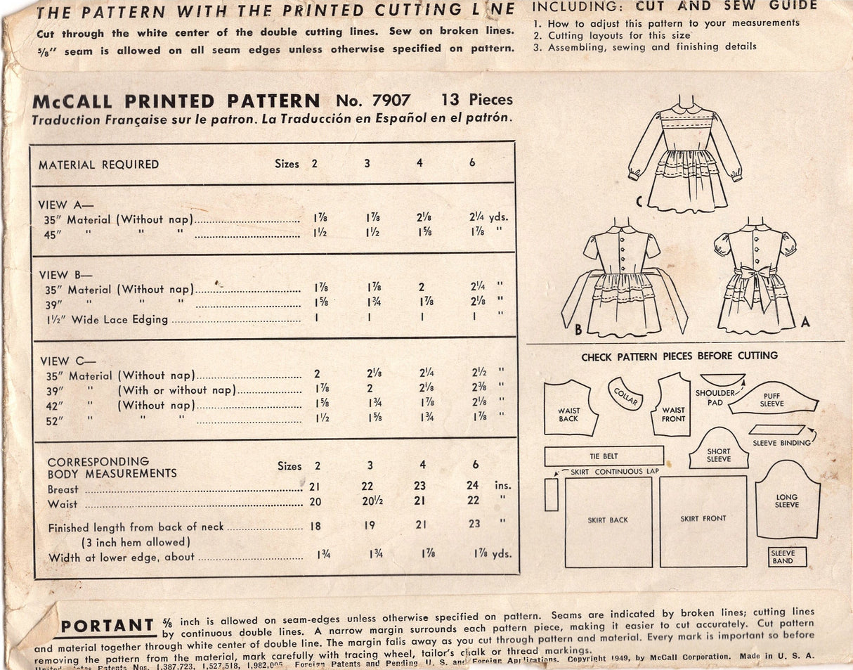 1940's McCall Child's One Piece Dress with Pin Tucks and Bow Tie Back Pattern - Sz 4 - Chest 23" - No. 7907