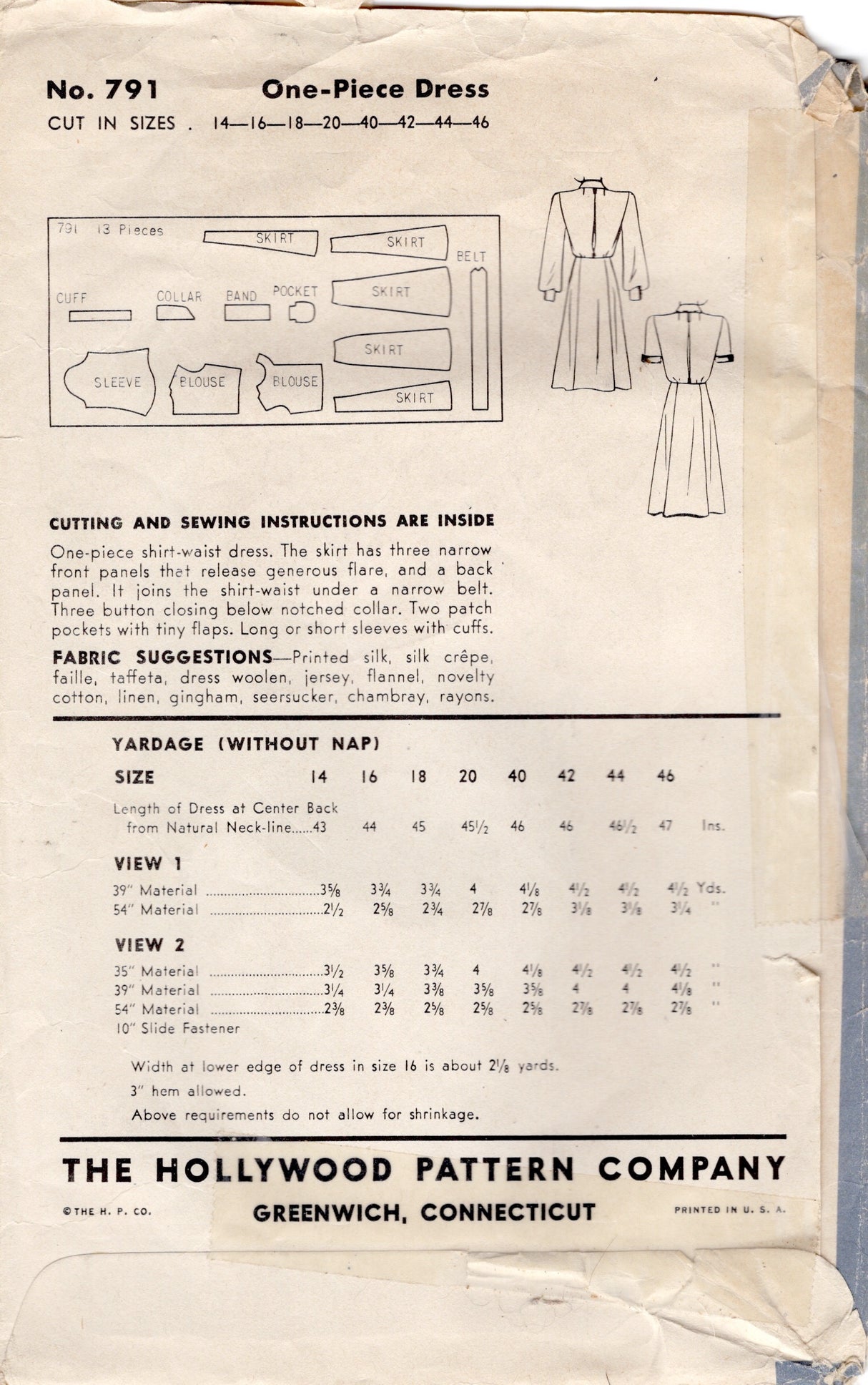 1940’s Hollywood Shirtwaist Dress Pattern- Bust 34”-  No.791