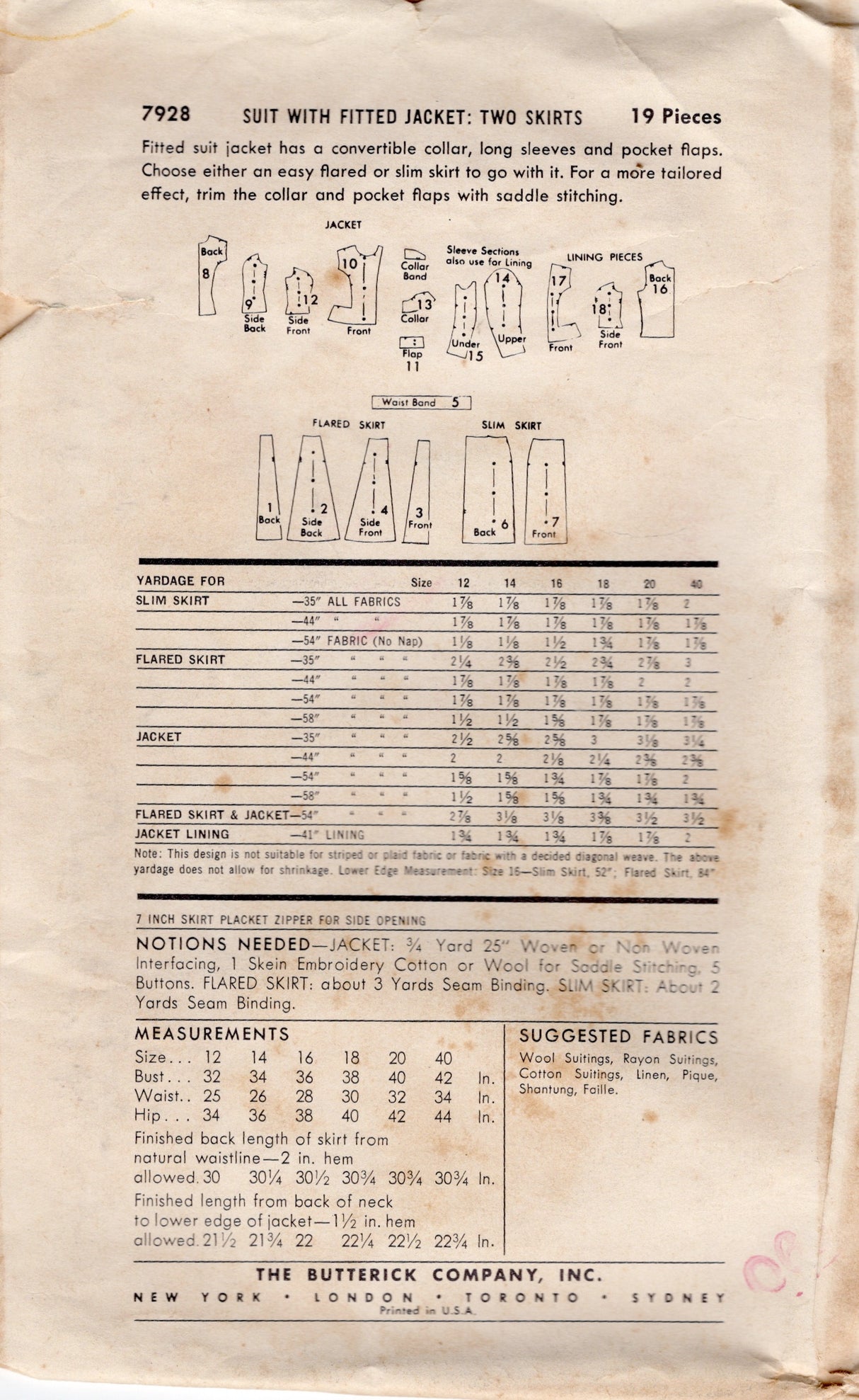 1950's Butterick Two Piece Suit Pattern with Princess line jacket and Flared or Straight Skirt - Bust 36" - No. 7928