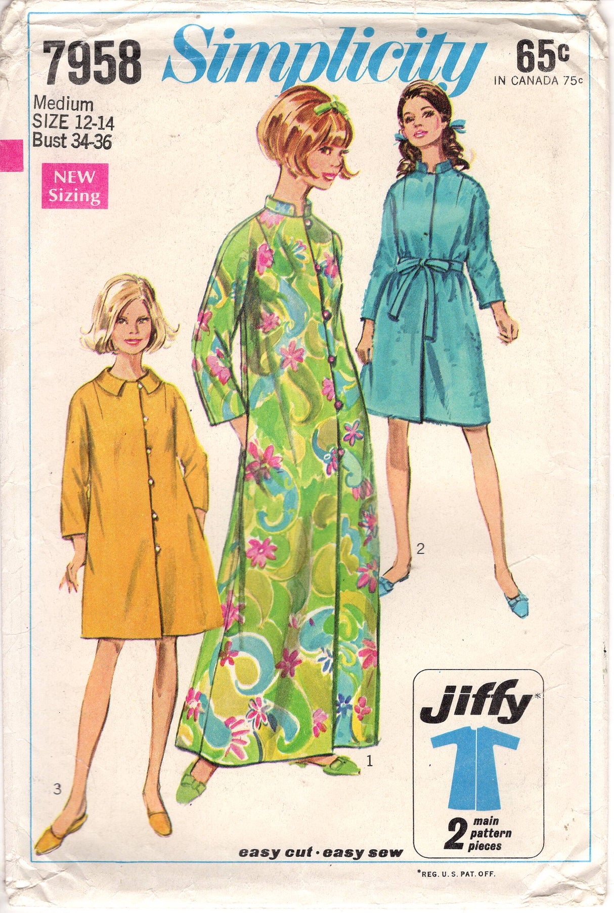 1960's Simplicity Jiffy Robe Pattern with Stand Collar - Bust 34-36" - No. 7956