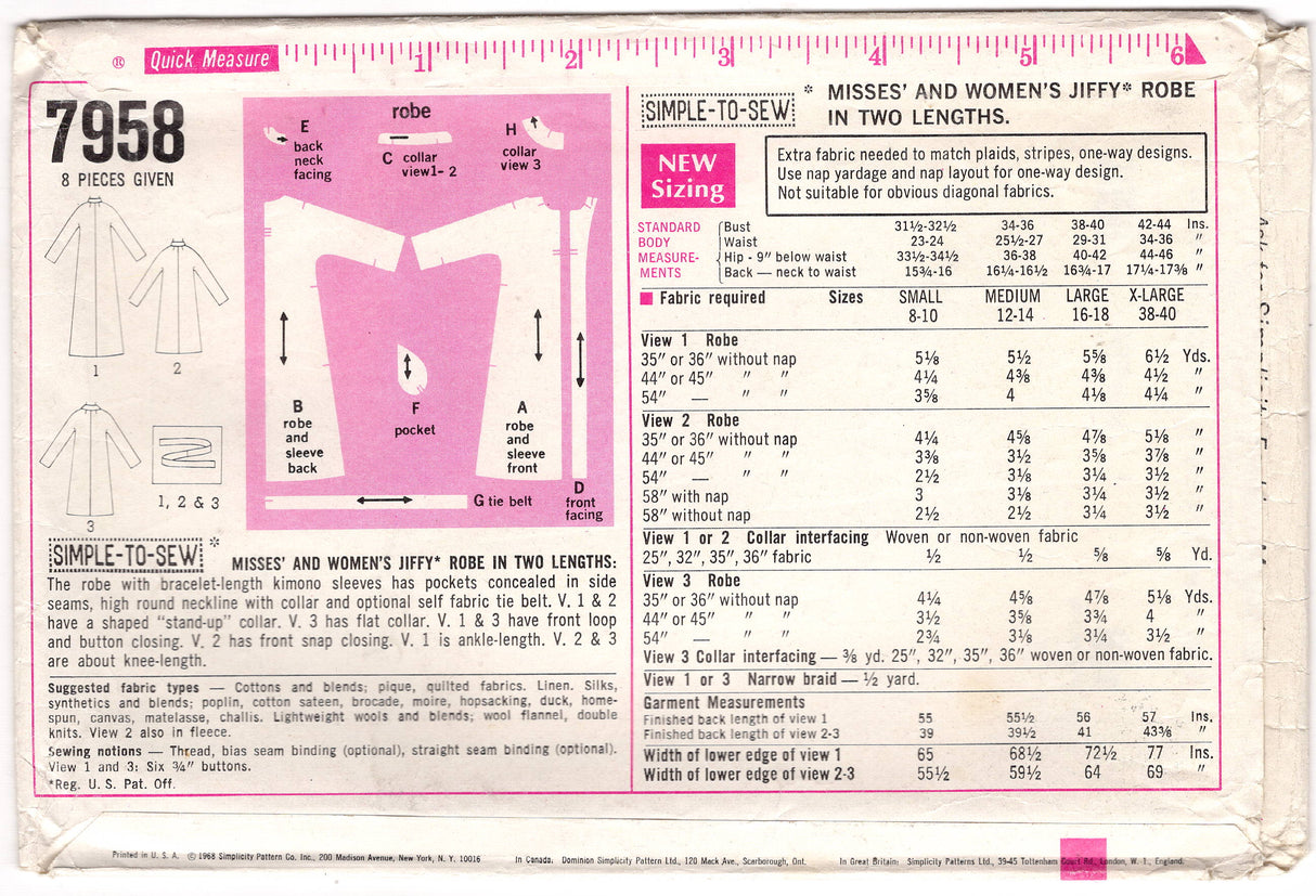 1960's Simplicity Jiffy Robe Pattern with Stand Collar - Bust 34-36" - No. 7956