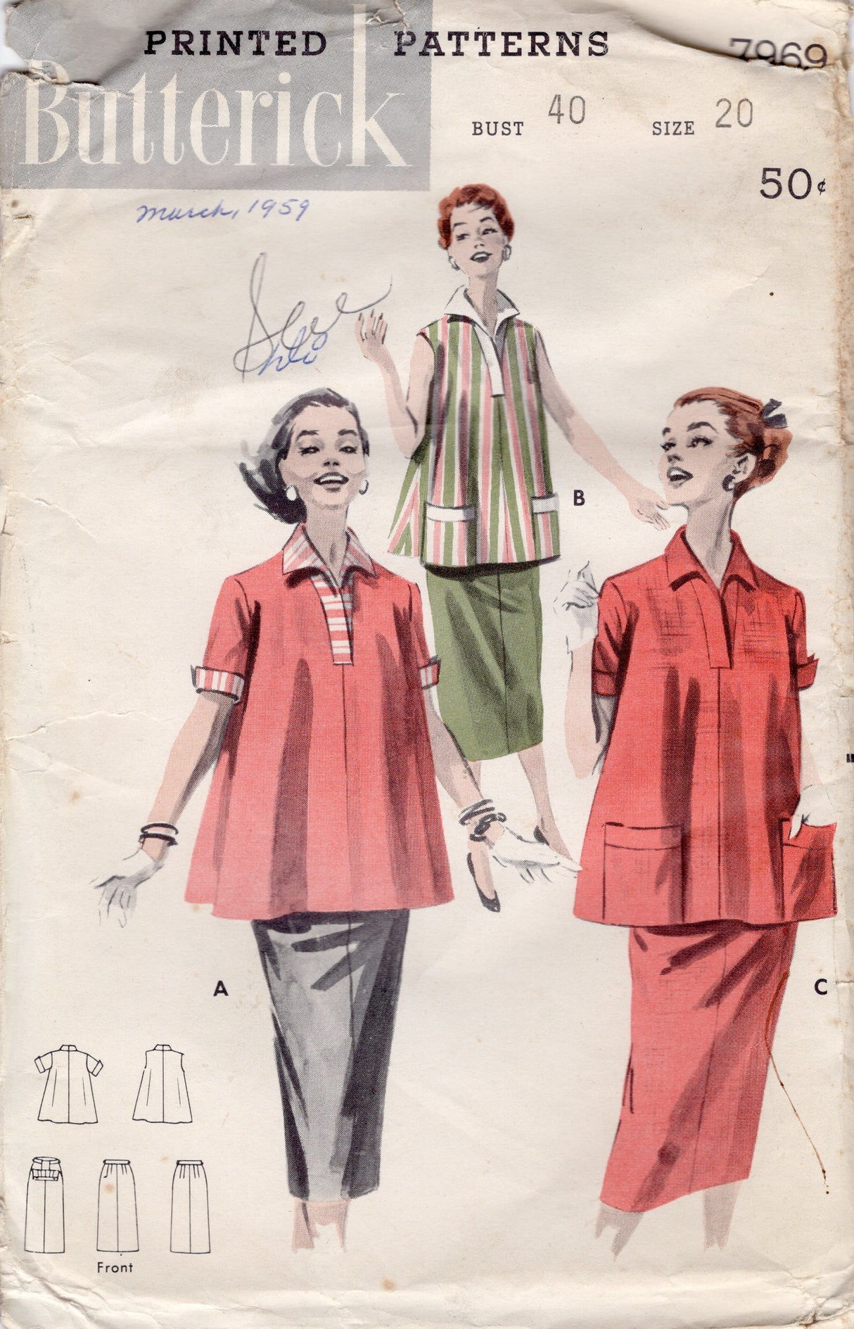 1950's Butterick Maternity Top and Skirt Set Pattern - Bust 40" - No. 7969