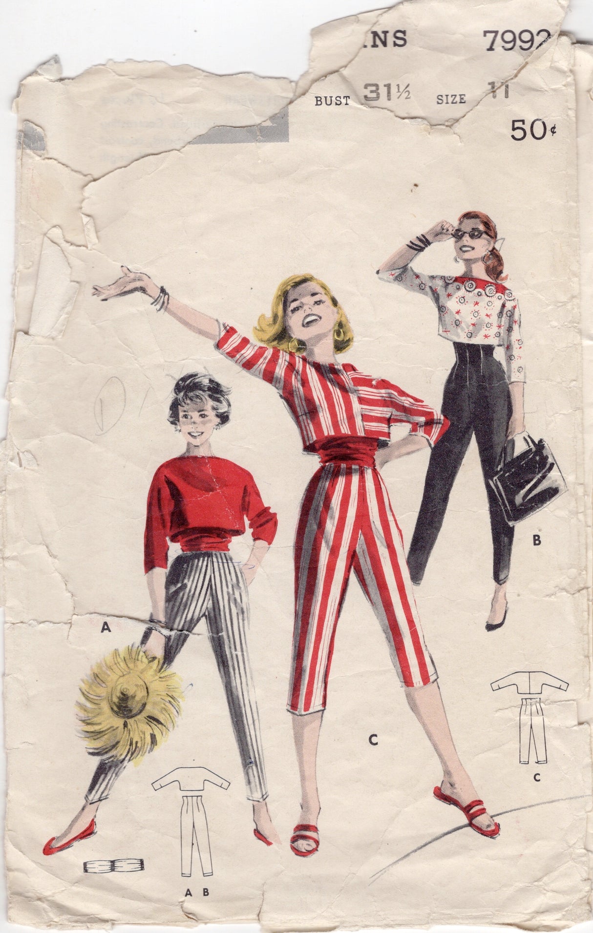 1950's Butterick Crop Top and High Waisted Capri or Cigarette Pants Pattern - Bust 31.5" - No. 7992