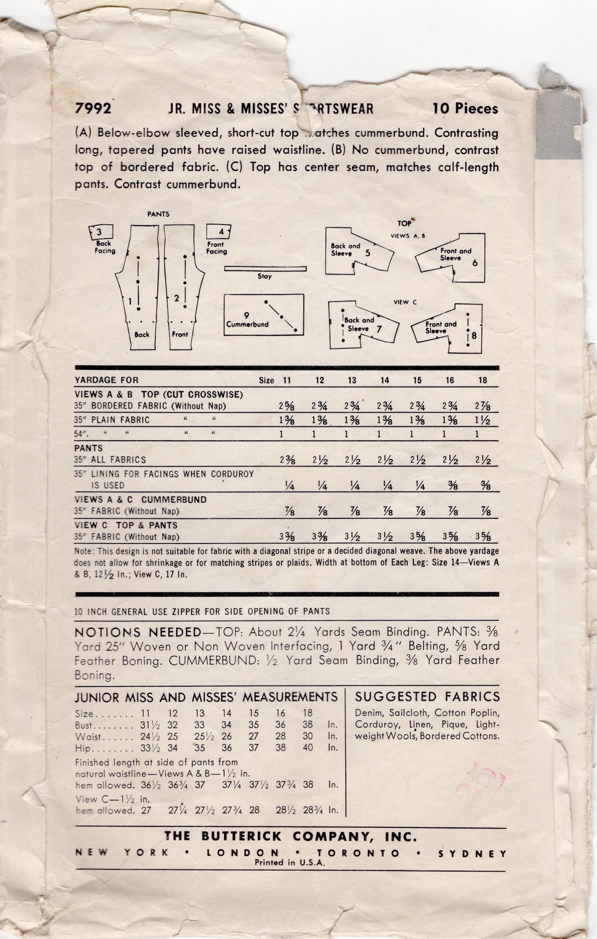 1950's Butterick Crop Top and High Waisted Capri or Cigarette Pants Pattern - Bust 31.5" - No. 7992