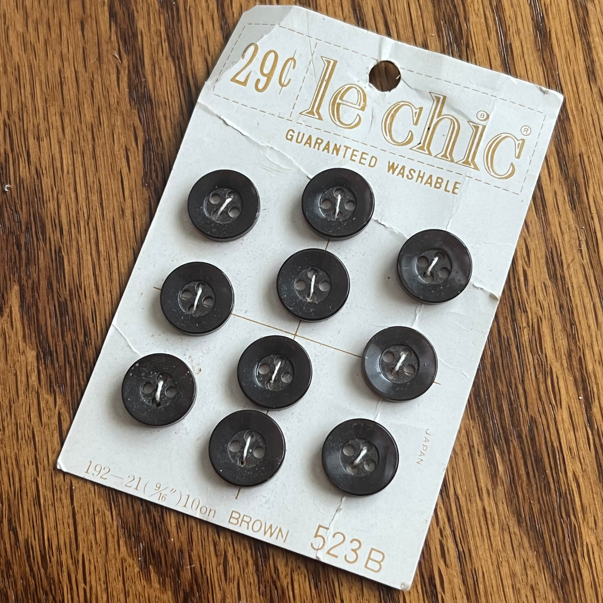 1970’s Le Chic Plastic Buttons - Brown - Set of 10 - 9/16" - on card