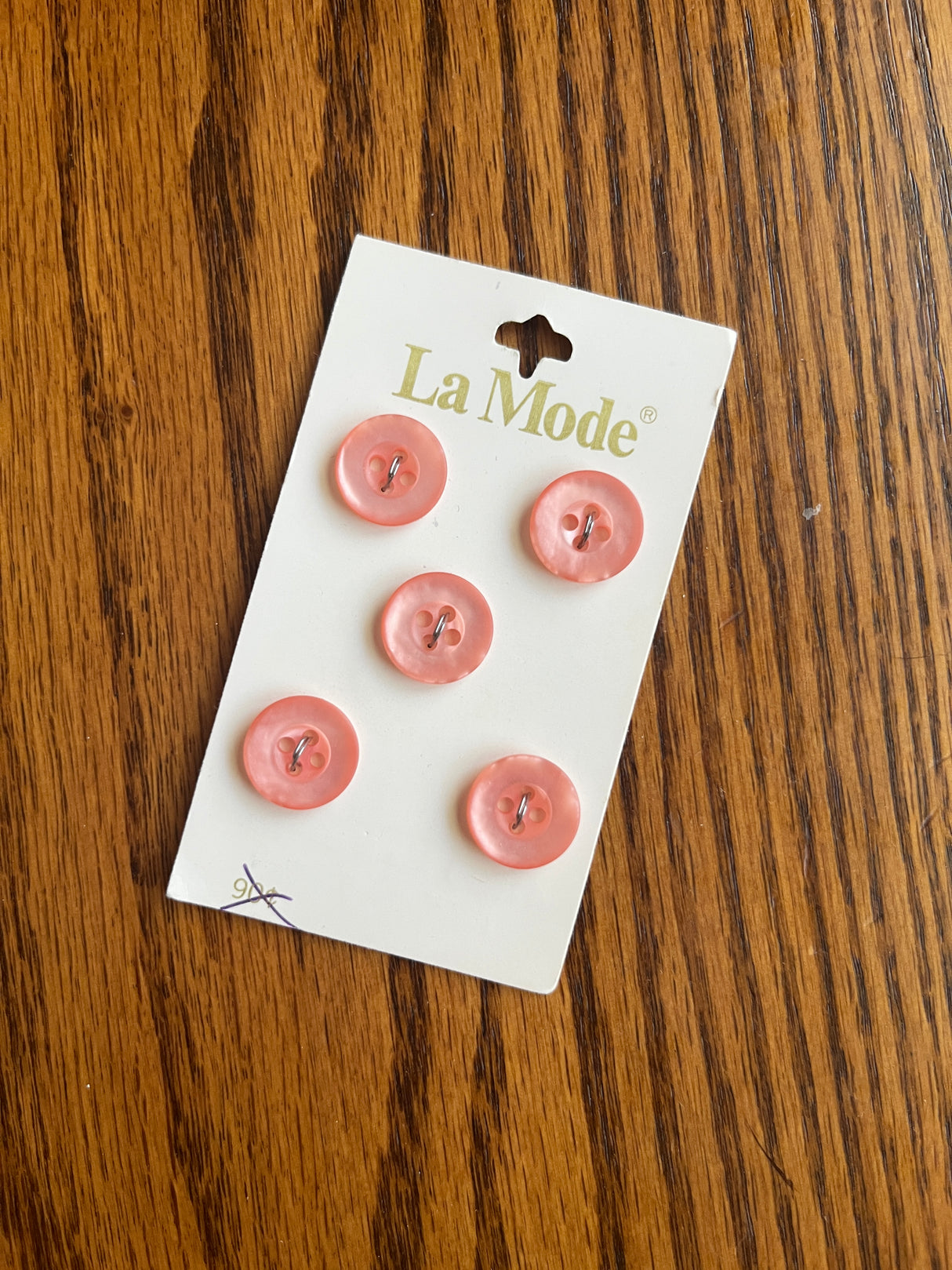 1980’s La Mode Pink Pearlescent Plastic Buttons - Set of 5 - 1/2" - on card