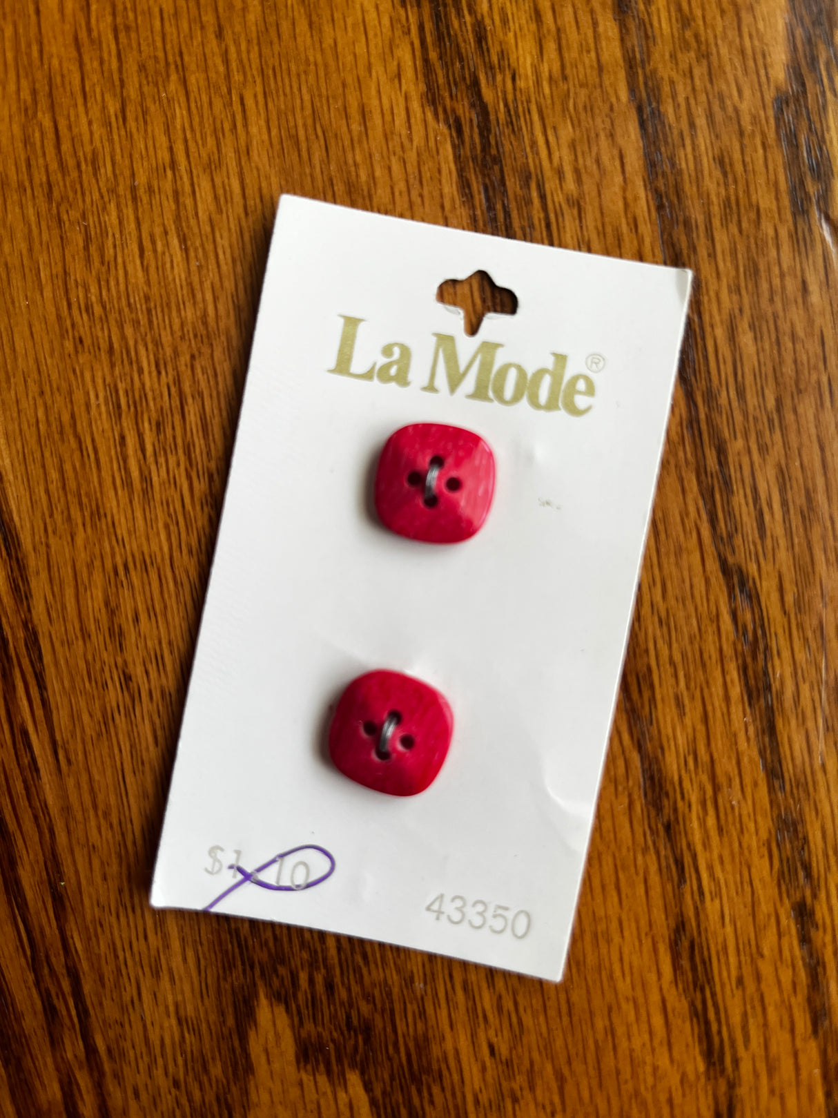1980’s La Mode Square Red Marbled Plastic Buttons - Set of 2 - 5/8” - on card