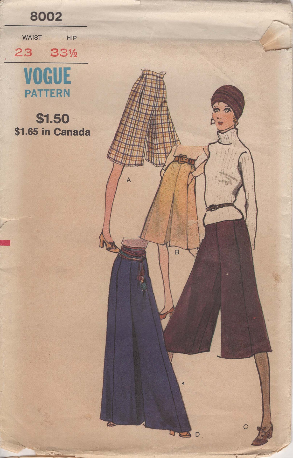 1970's Vogue Pantskirt pattern – Waist 23” - No. 8002