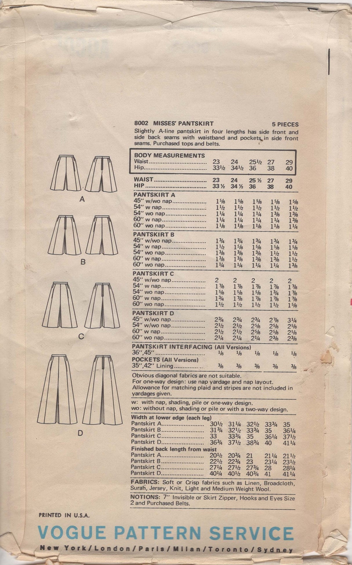 1970's Vogue Pantskirt pattern – Waist 23” - No. 8002