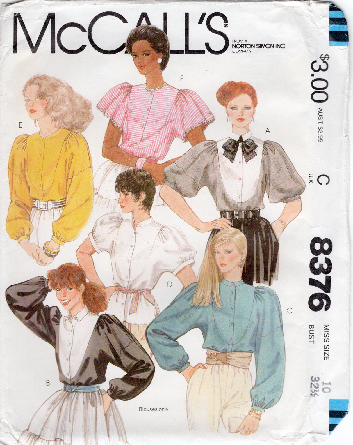 1980's McCall's Button Up Blouse Pattern with Large Yoke - Bust 32.5" - No. 8376