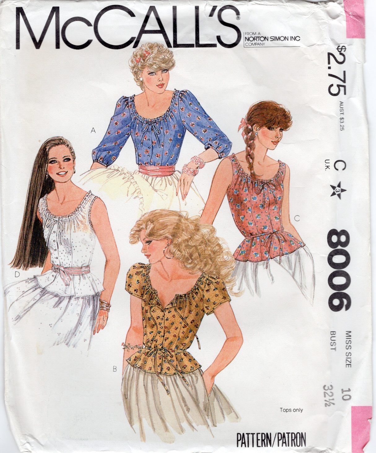 1980's McCall's Button Up Princess Seam Blouse Pattern with Scoop Neckline - Bust 32.5" - No. 8006