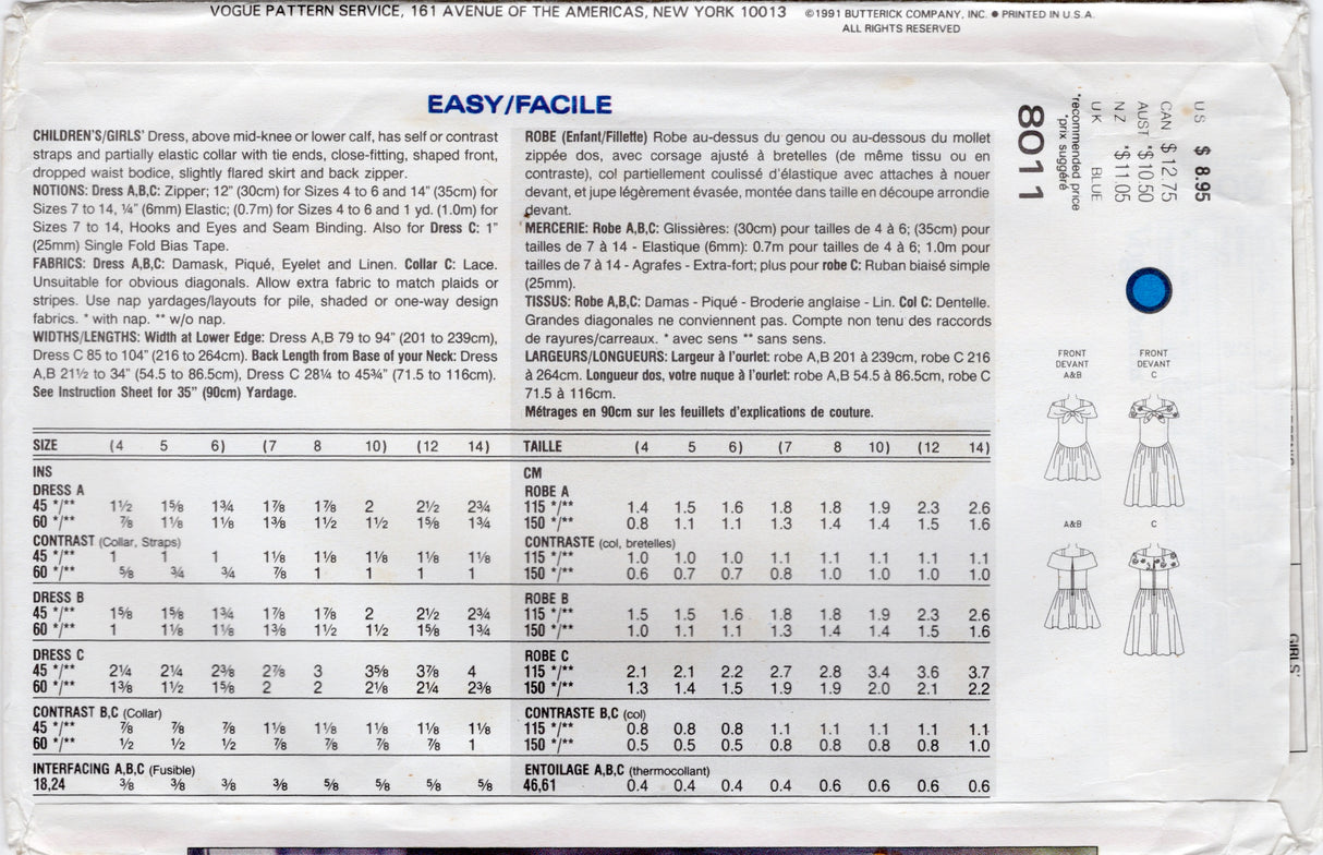 1990's Vogue Child's Drop Waist Dress Pattern - Chest 26-28.5" - No. 8011