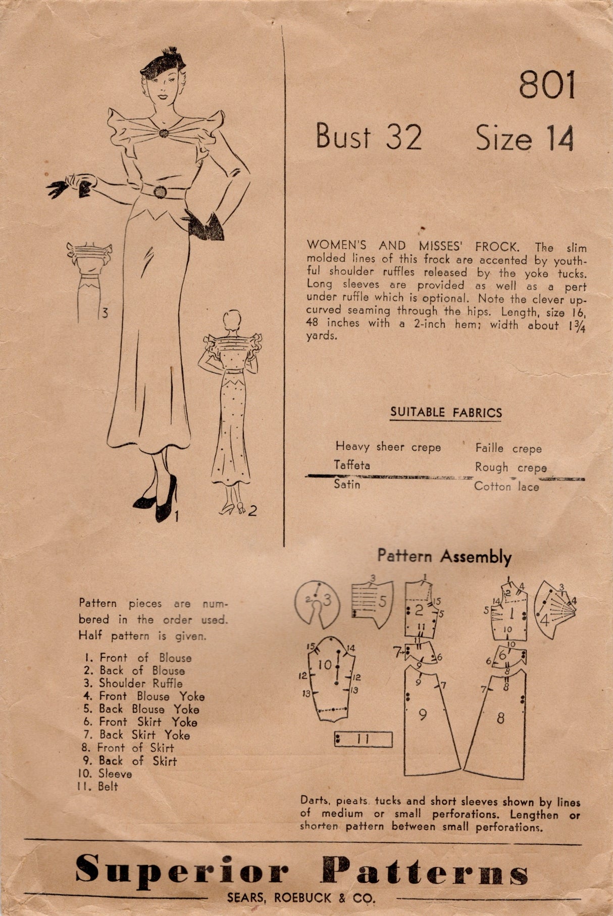 1930's Superior One Piece Dress Pattern with Pleated Yoke and Yoked Skirt - Bust 32" - No. 801