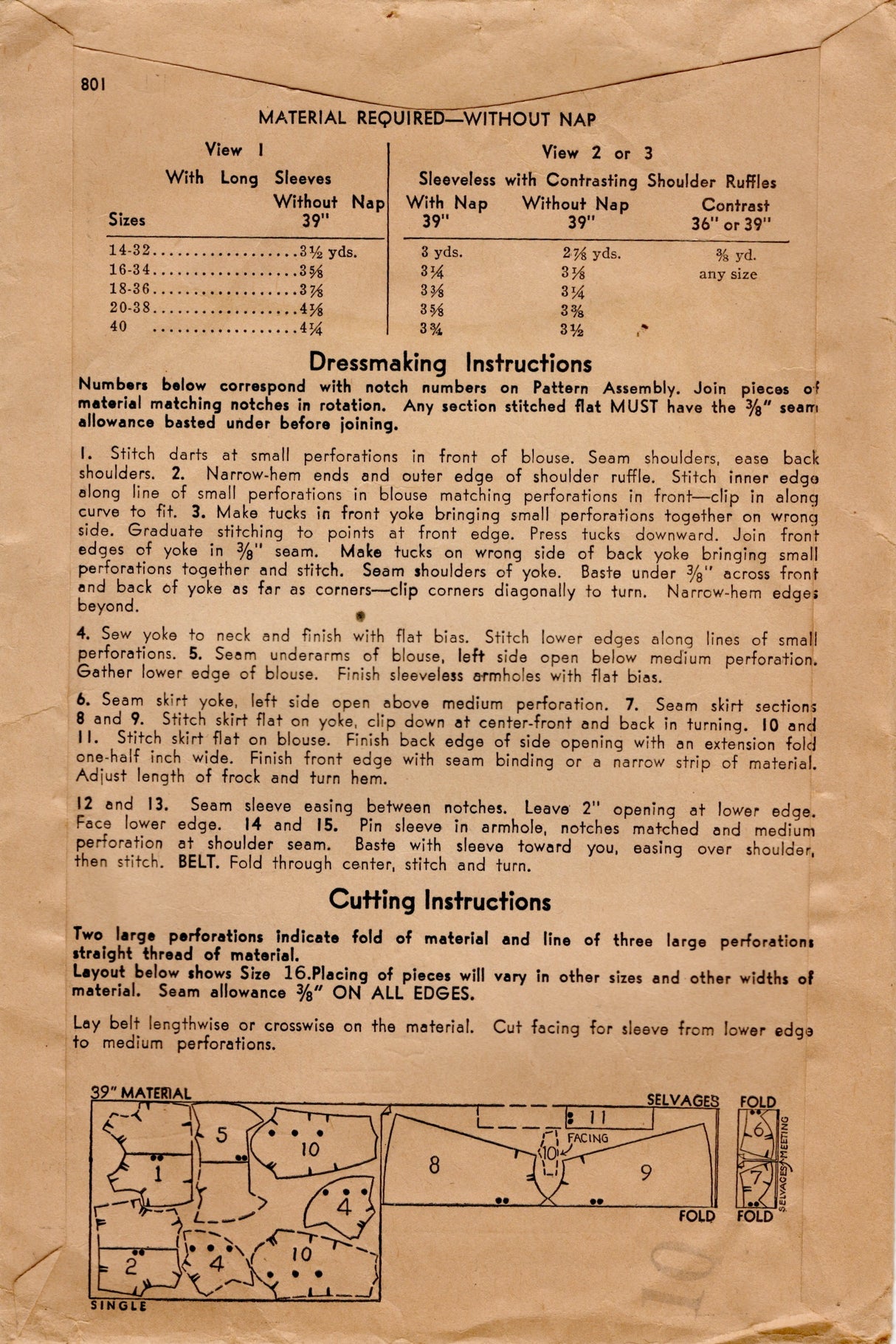 1930's Superior One Piece Dress Pattern with Pleated Yoke and Yoked Skirt - Bust 32" - No. 801