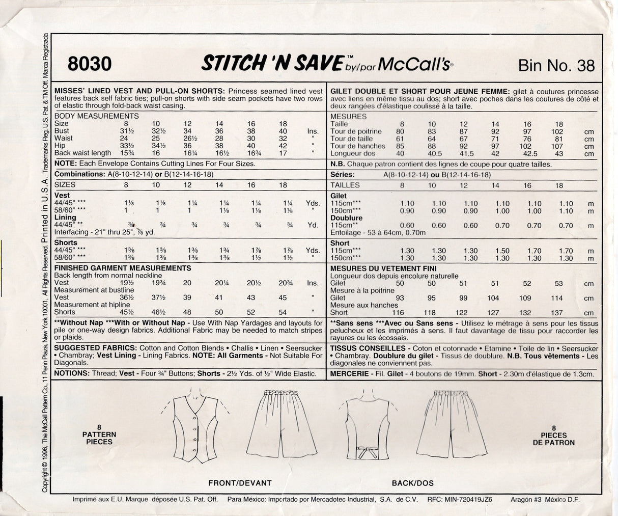 1990's McCall's Vest and Pull On Shorts - Bust 31.5-36" - No. 8030