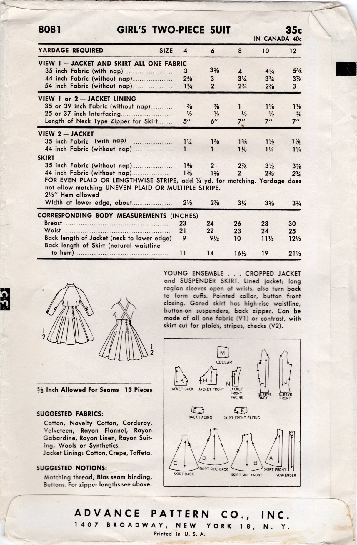 1950's Advance Child's Suspendered Skirt and Bolero Jacket Pattern - Chest 23" - No. 8081