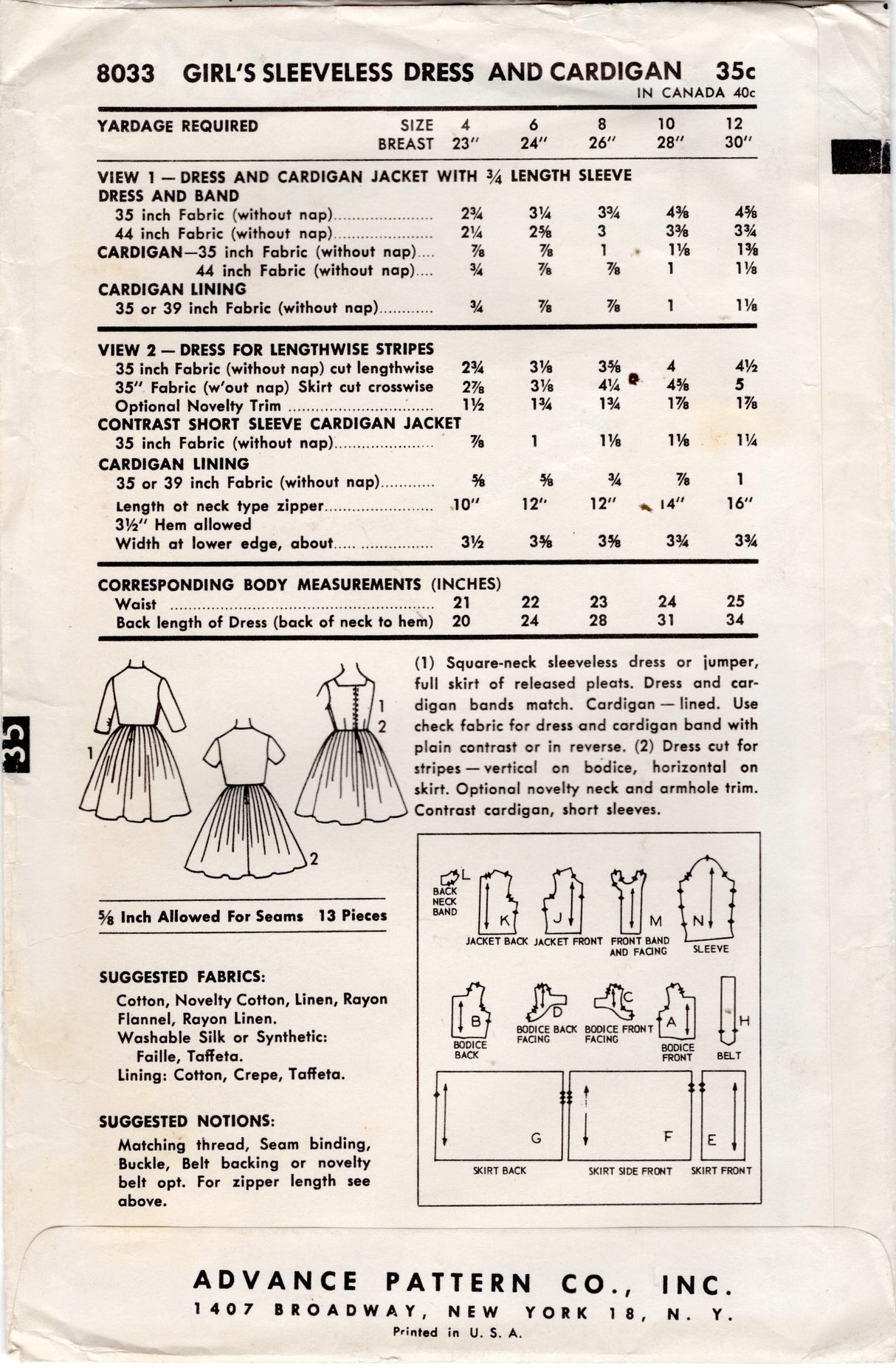 1950's Advance Child's Sleeveless Dress and Cardigan Pattern - Chest 23" - No. 8033