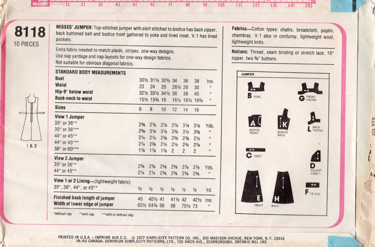 1970’s Simplicity Square Neckline Jumper Dress Pattern - Bust 36” - No. 8118