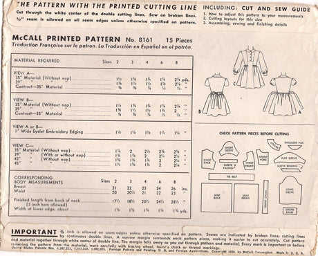 1950's McCall Child's One Piece Dress with Bow Tie Back Pattern - Sz 6 - Chest 24" - No. 8161
