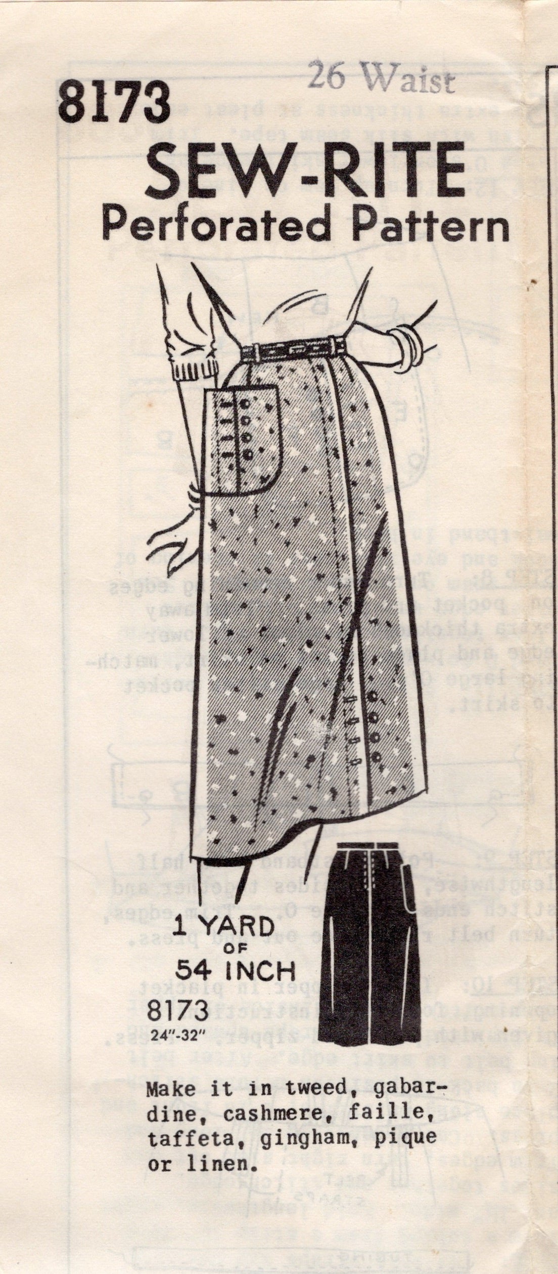 1960's Sew-Rite One Yard Skirt Pattern with Patch Pocket - Waist 26" - No. 8173