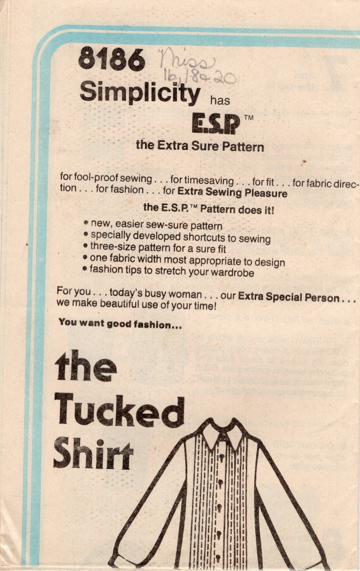 1970's Simplicity E.S.P. Button Up Blouse Pattern - Bust 31.5-42" - No. 8186