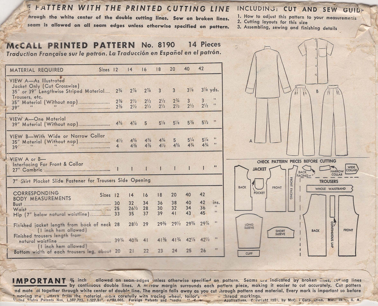 1950's McCall Two-Piece Pajama Pattern– Bust 32" - No. 8190