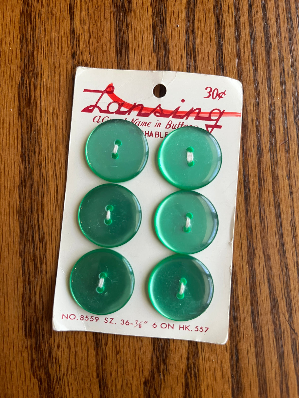1970’s Lansing Pearlescent Green Plastic Buttons - Set of 6 - 7/8" -  on card