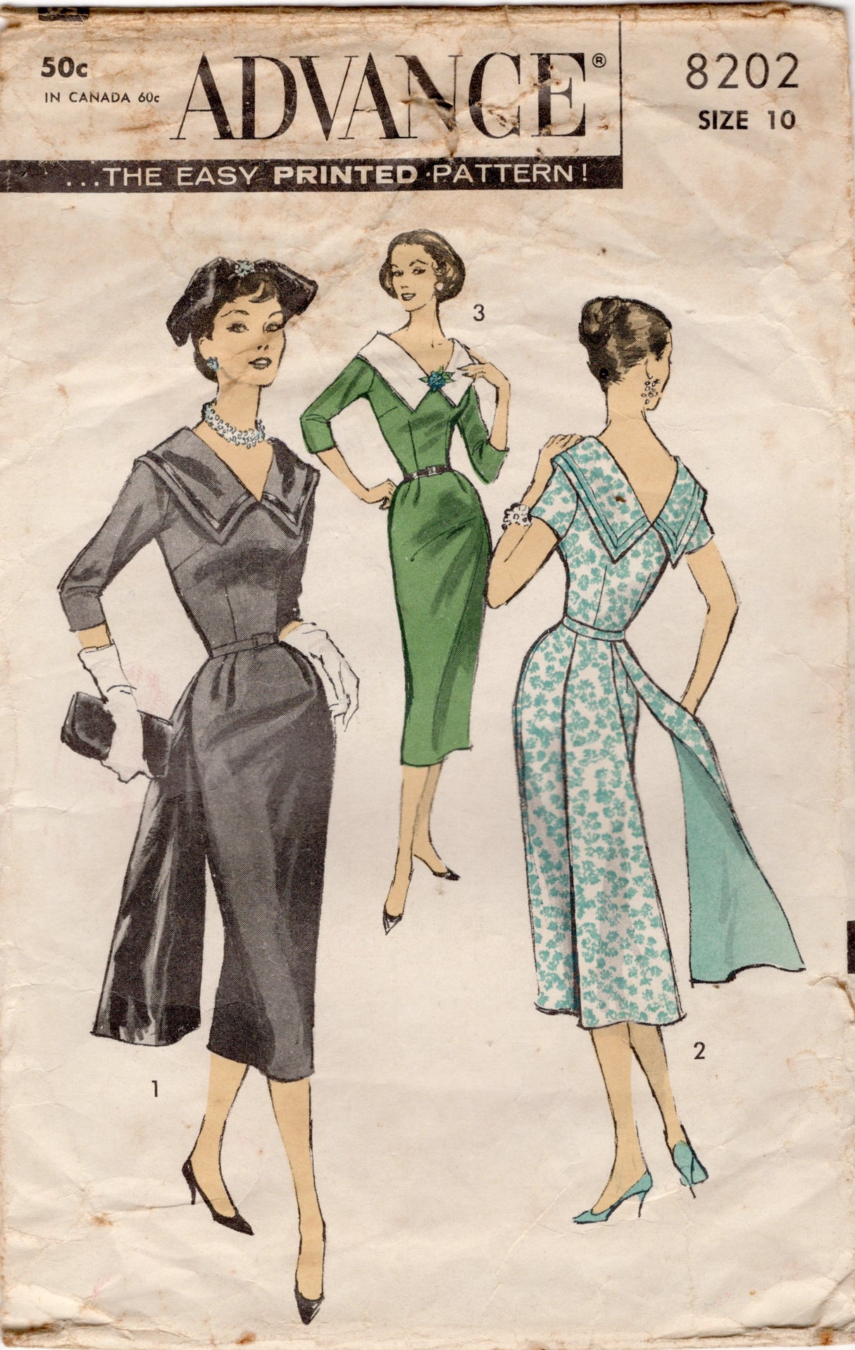 1950's Advance Deep V Back Dress Pattern with Floating Panel back Skirt - Bust 31" - No. 8202