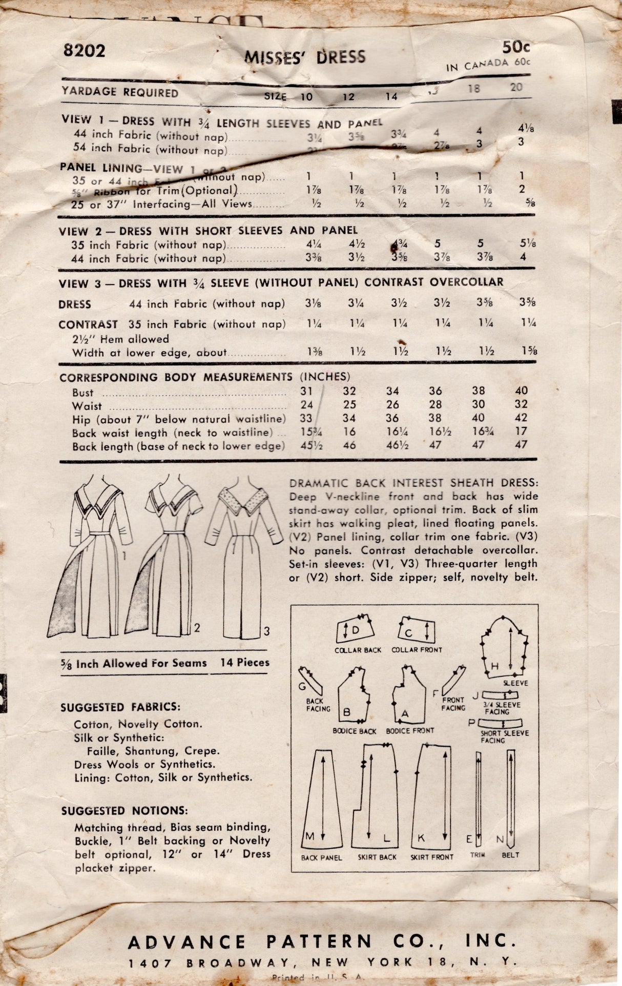 1950's Advance Deep V Back Dress Pattern with Floating Panel back Skirt - Bust 31" - No. 8202