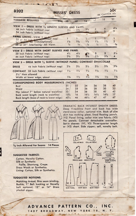 1950's Advance Deep V Back Dress Pattern with Floating Panel back Skirt - Bust 31" - No. 8202