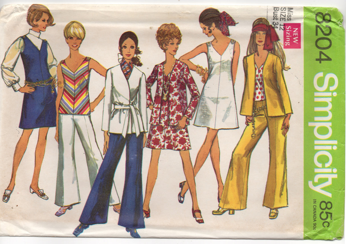 1960's Simplicity Unlined Cardigan Style Jacket, V Neck Dress, Jumper or Top and Hip-Hugger Pants Pattern - Bust 34" - No. 8204