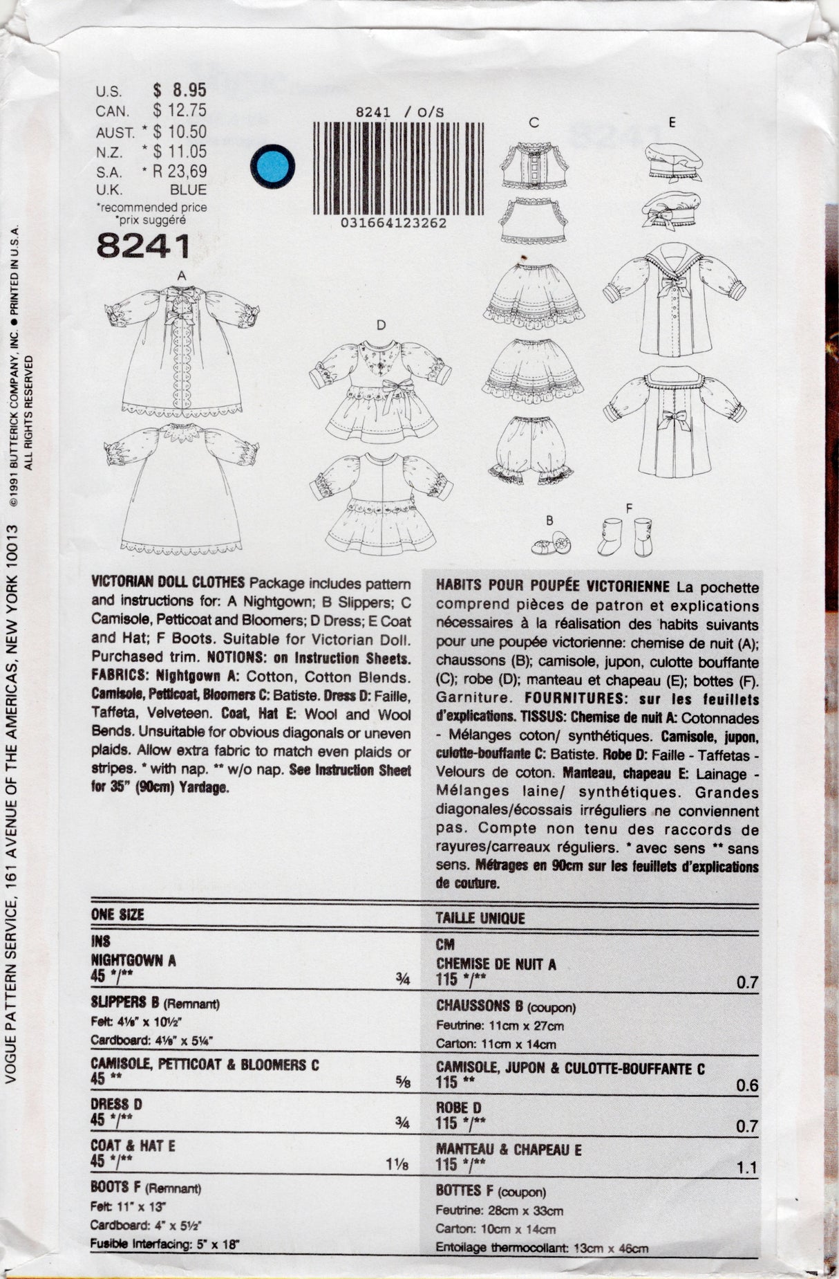 1990's Vogue Craft Victorian Doll Wardrobe pattern - No. 8241