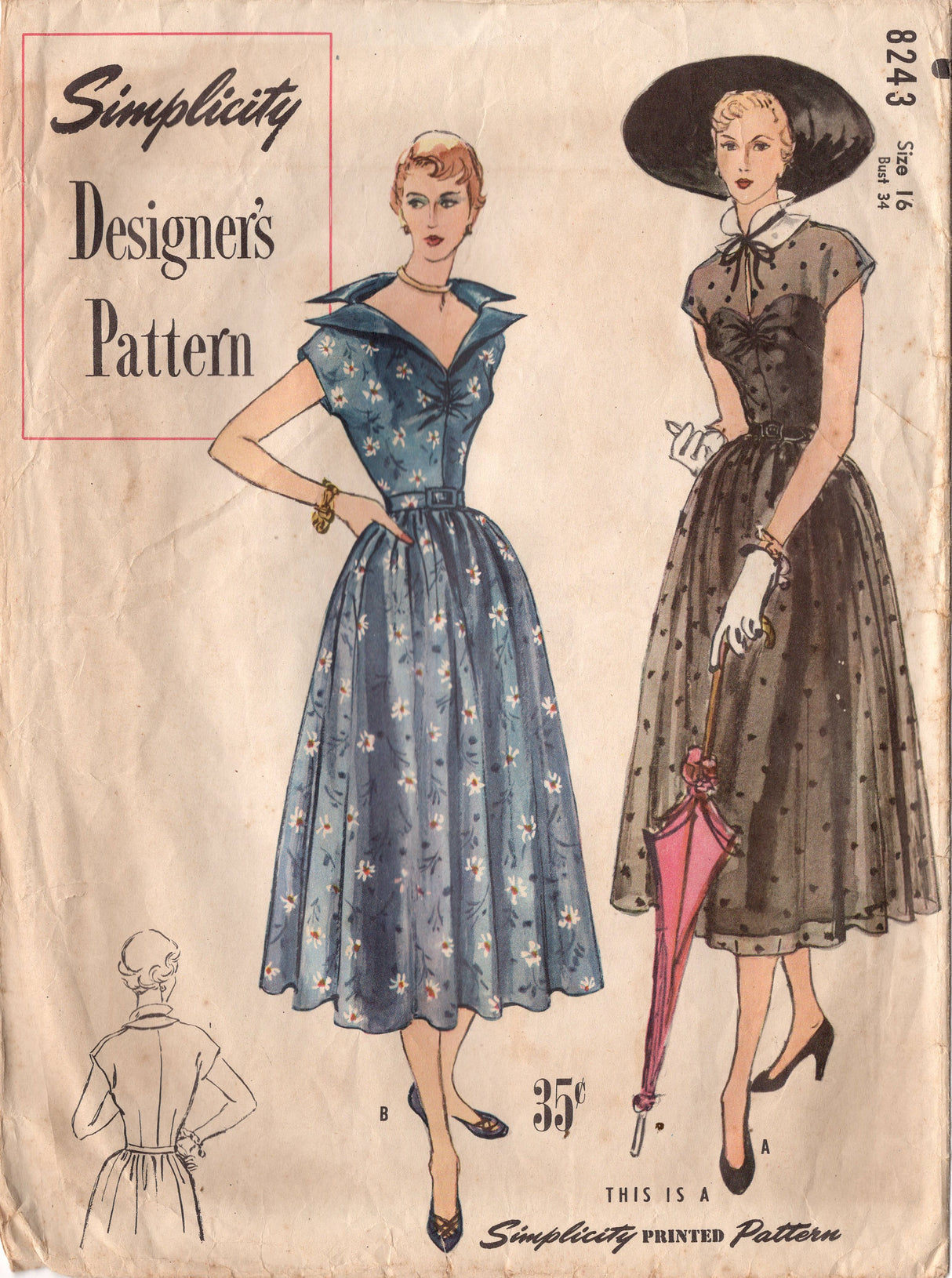 1950’s Simplicity Designer One Piece Dress Pattern with Two Bodice Styles - Bust 34" - No. 8243