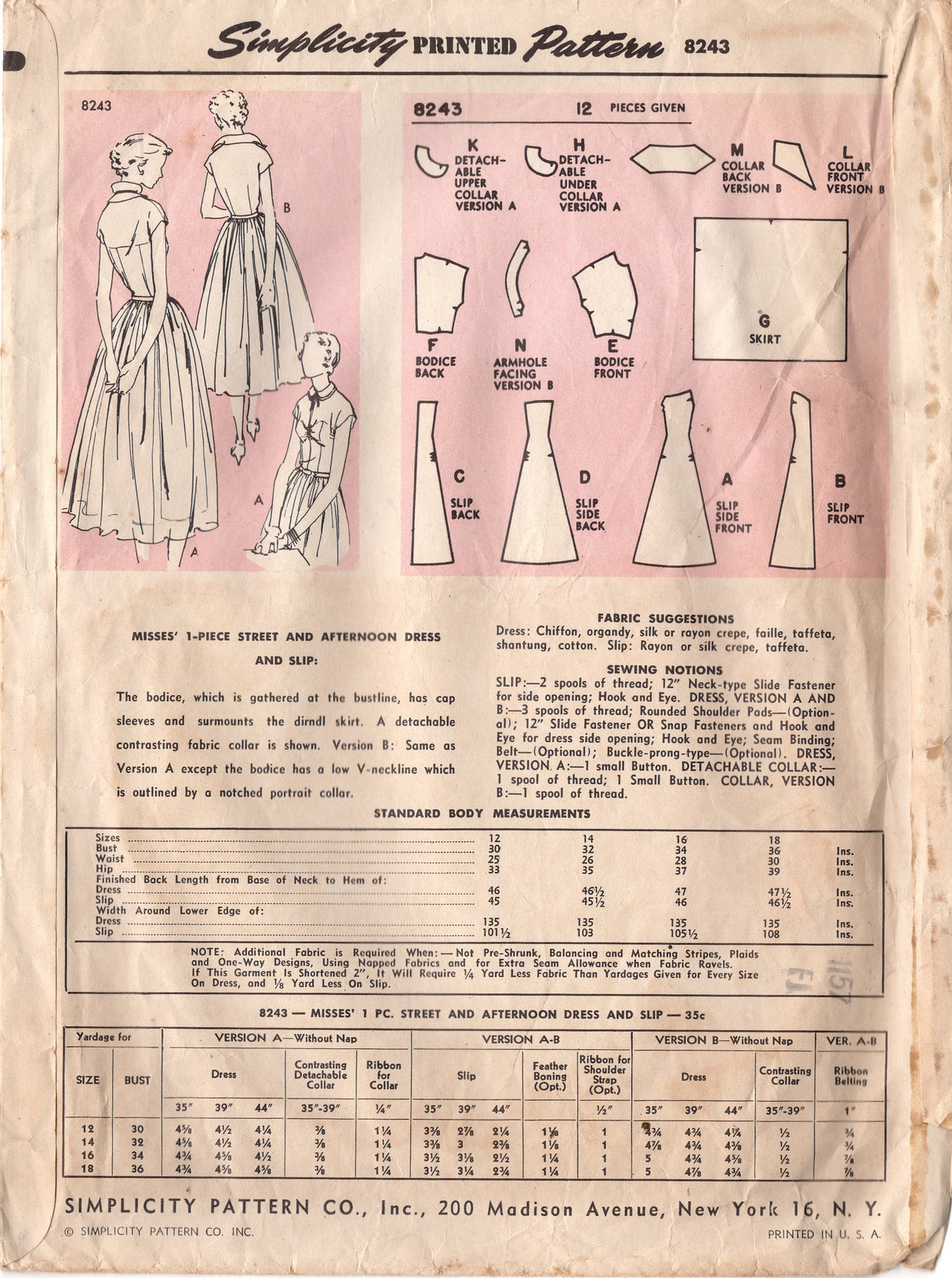 1950’s Simplicity Designer One Piece Dress Pattern with Two Bodice Styles - Bust 34" - No. 8243