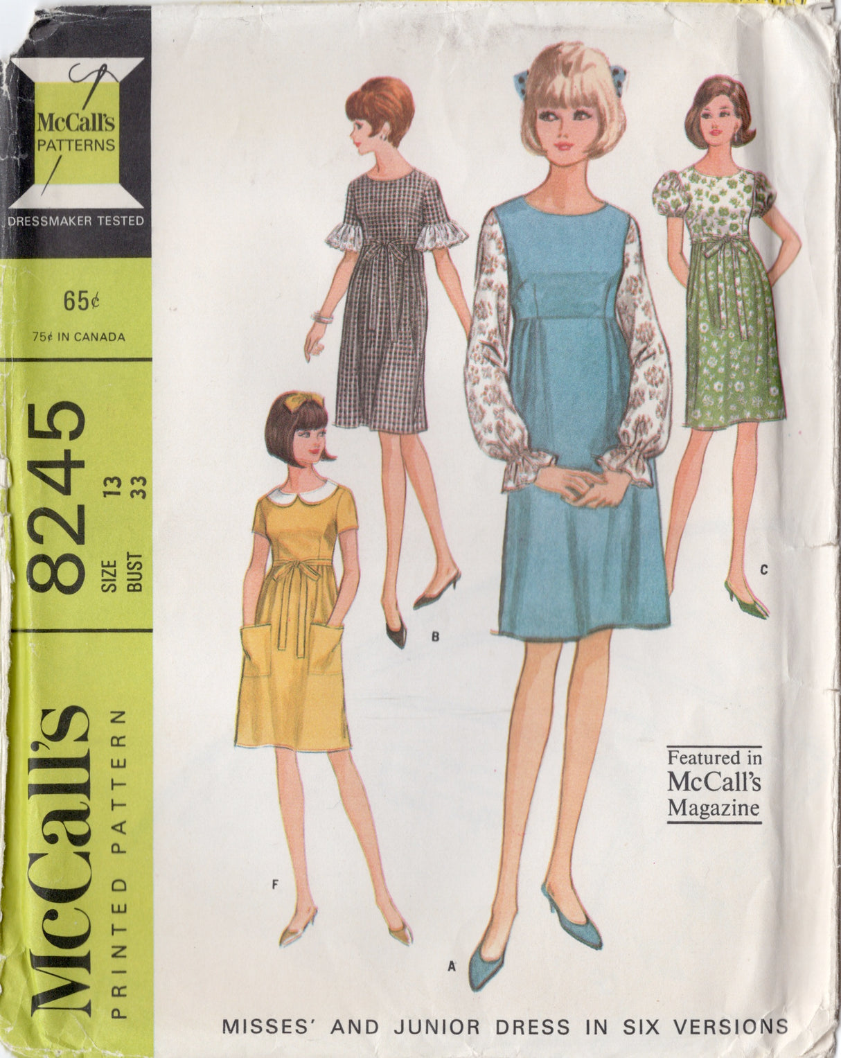 1960's McCall's High Waisted Baby Doll Dress pattern - Bust 33" - No. 8245