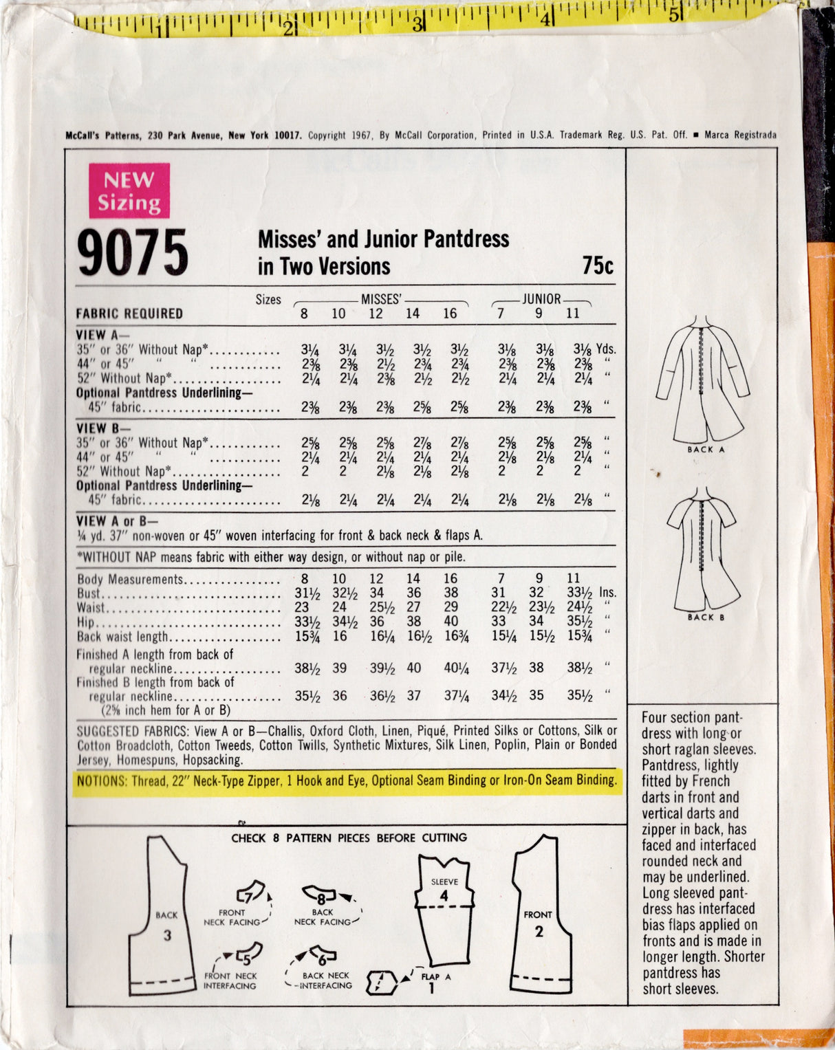 1960's McCall's Pantdress (Romper) Pattern with Short or Long Raglan Sleeves - Bust 34" - No. 9075