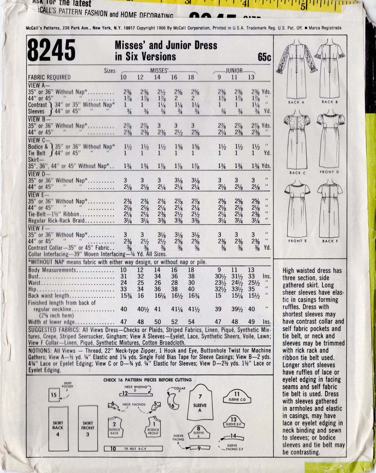 1960's McCall's High Waisted Baby Doll Dress pattern - Bust 33" - No. 8245