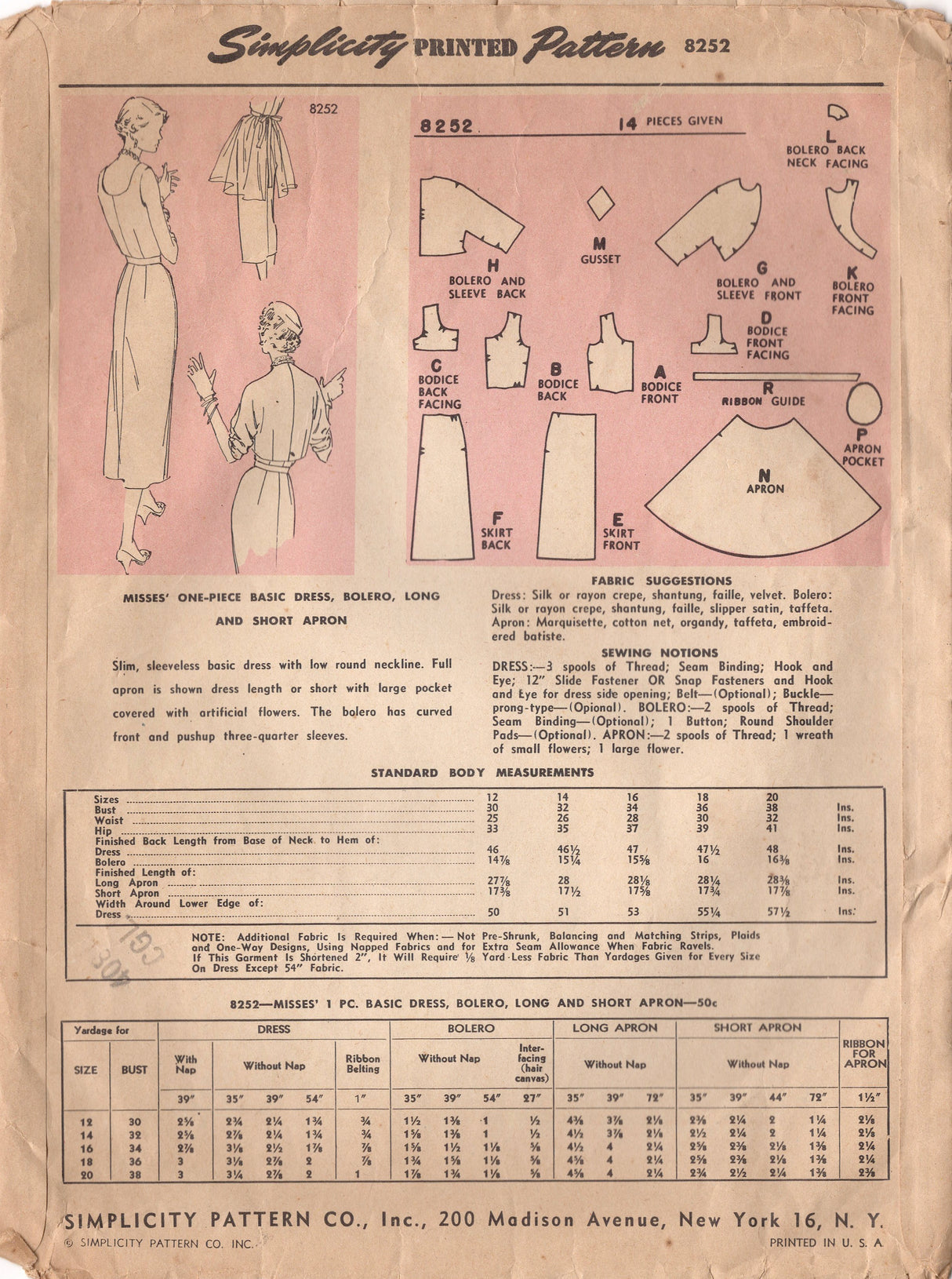 1950’s Simplicity Designer One Piece Dress Pattern with Bolero Jacket and Apron in Two Lengths- Bust 30” - No. 8252