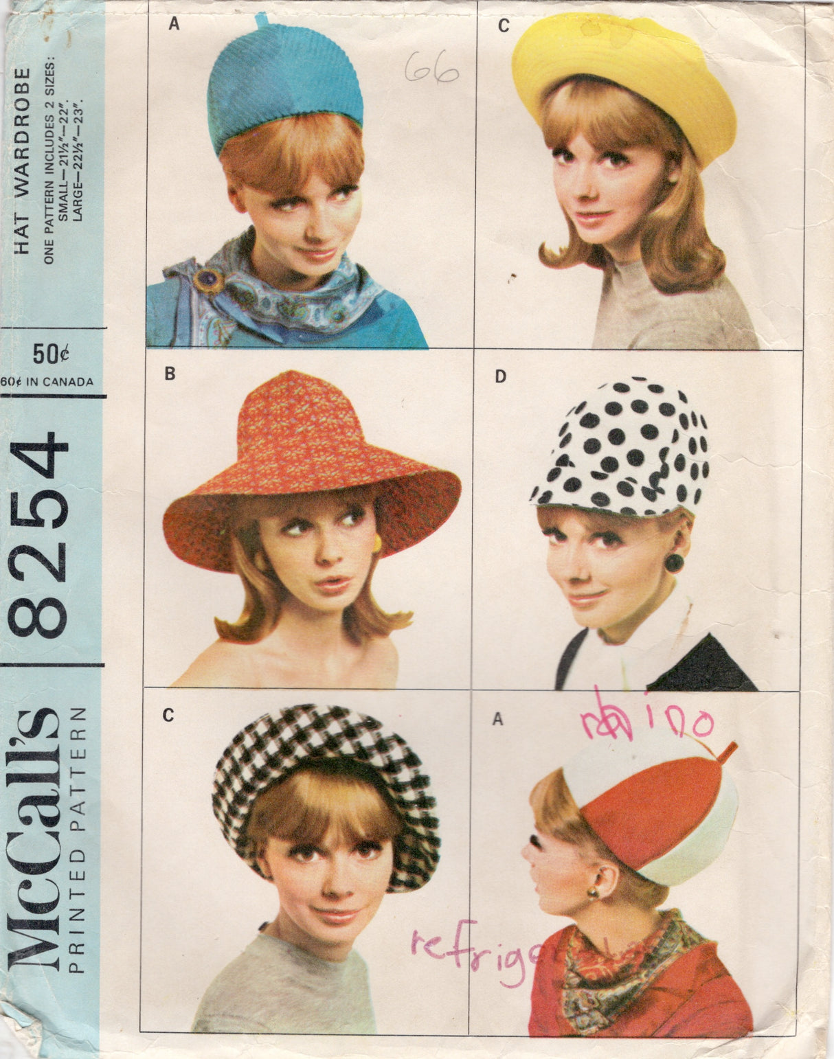 1960's McCall's Hat Wardrobe Pattern - Head Size 21.5-23" - No. 8254