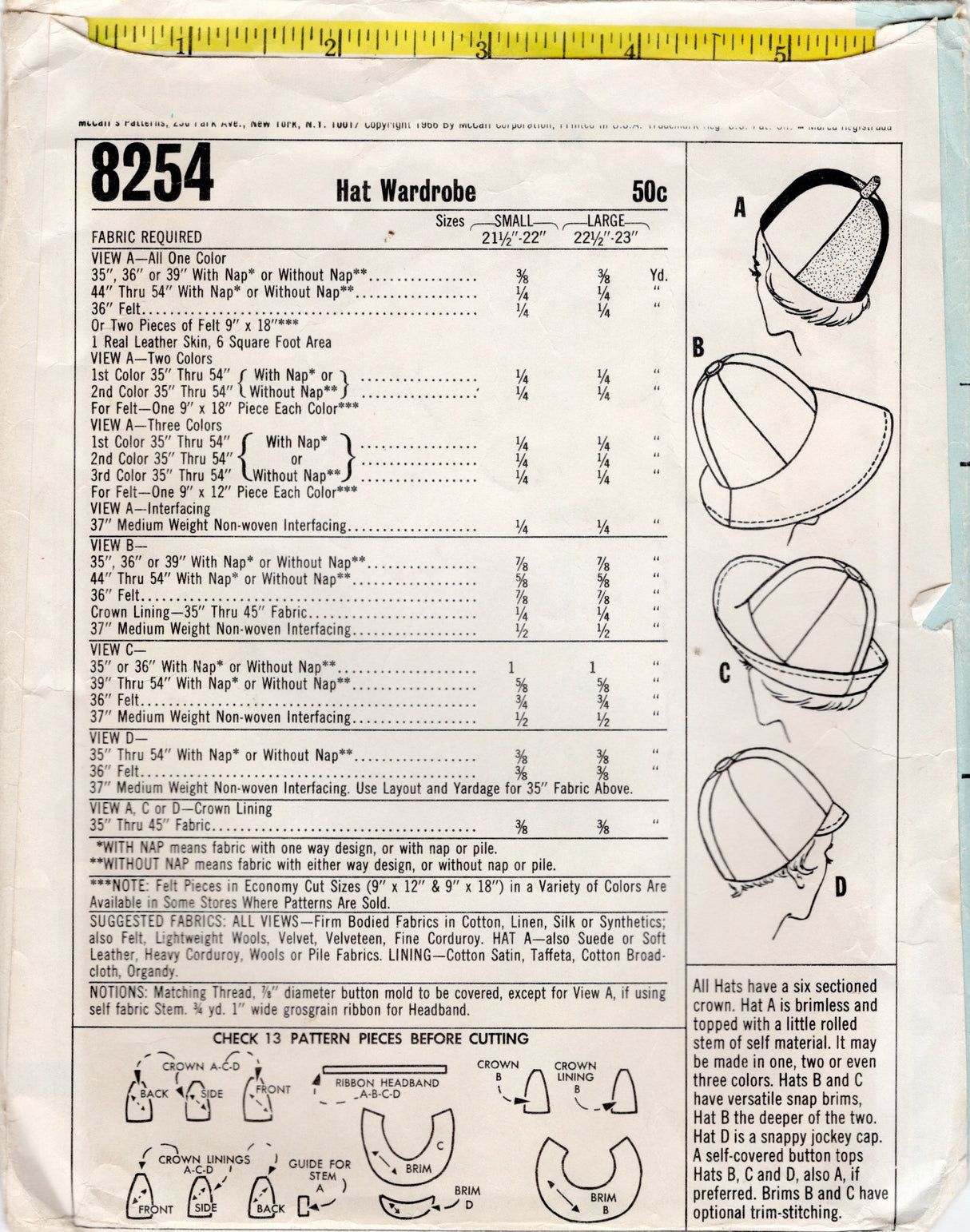 1960's McCall's Hat Wardrobe Pattern - Head Size 21.5-23" - No. 8254