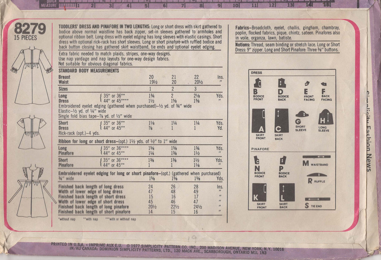 1970's Simplicity Child’s Dress and Pinafore Pattern - Chest 21" - No. 8279