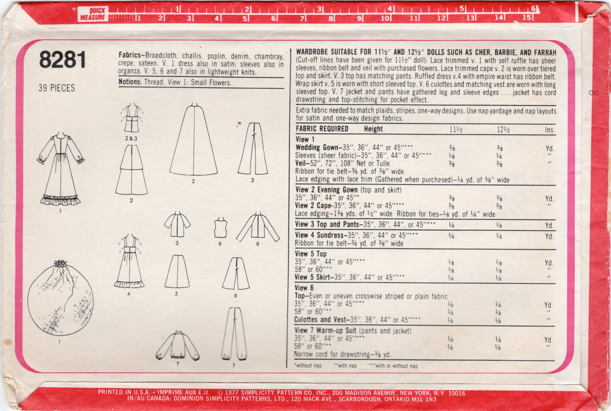 1970's Simplicity Doll Wardrobe for Barbie, Cher and Farrah Dolls - 11.5-12.5" doll - No. 8281