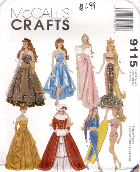 1990's McCall's Cocktail Dress, Christmas Dress, Mermaid Outfit and Wedding Dress Doll Clothes pattern - 11.5" doll - No. 9115